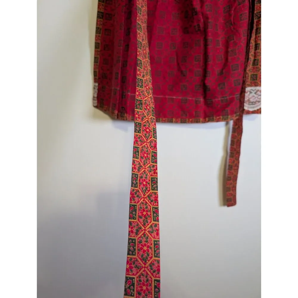 Vintage Handmade Christmas Apron Red Geometric Floral Lace Trim Cottagecore